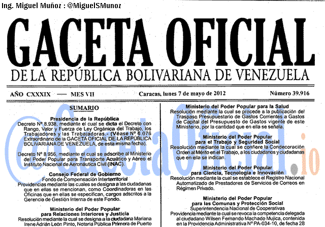 Gaceta Oficial 39916 del 7 Mayo 2012