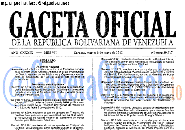 Gaceta Oficial 39917 del 8 Mayo 2012
