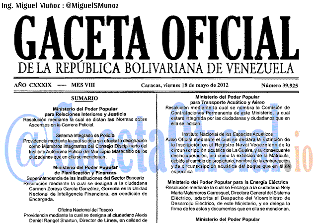 Gaceta Oficial 39925 del 18 Mayo 2012