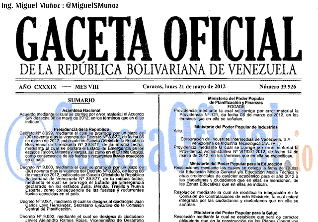 Gaceta Oficial 39926 del 21 Mayo 2012