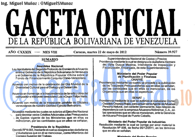 Gaceta Oficial 39927 del 22 Mayo 2012