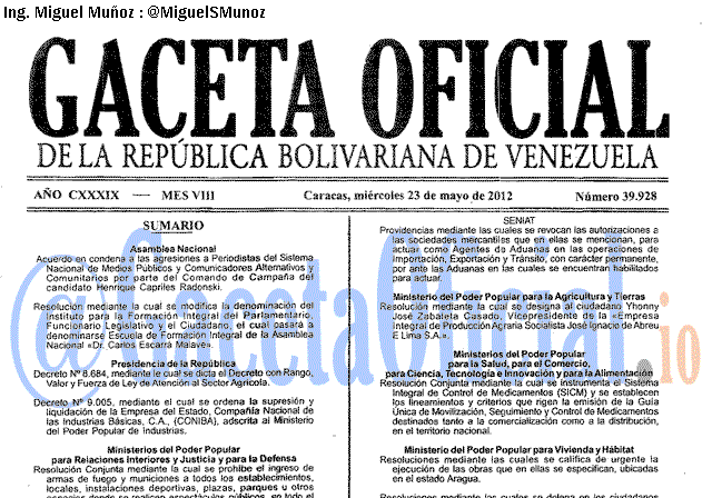 Gaceta Oficial 39928 del 23 Mayo 2012