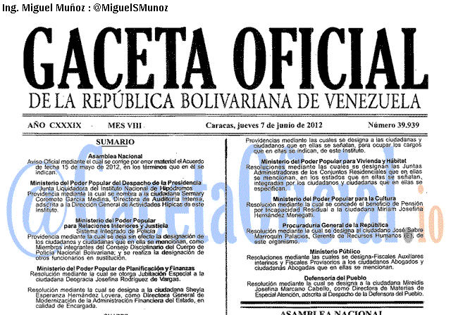 Gaceta Oficial 39939 del 7 Junio 2012