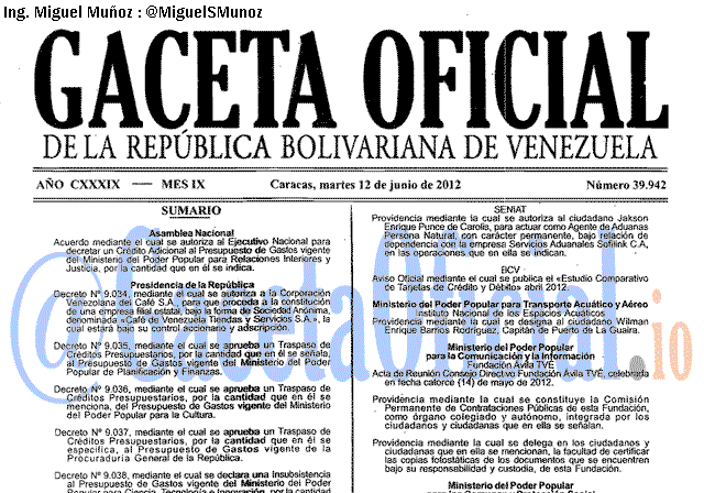 Gaceta Oficial 39942 del 12 Junio 2012
