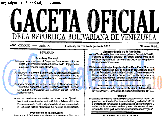 Gaceta Oficial 39952 del 26 Junio 2012
