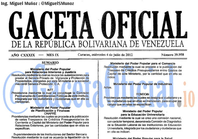 Gaceta Oficial 39958 del 4 Julio 2012