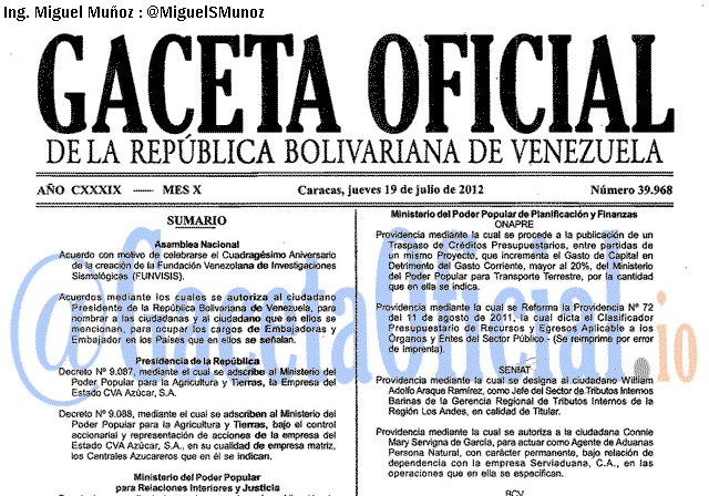 Gaceta Oficial 39968 del 19 Julio 2012