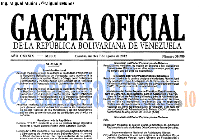 Gaceta Oficial 39980 del 7 Agosto 2012