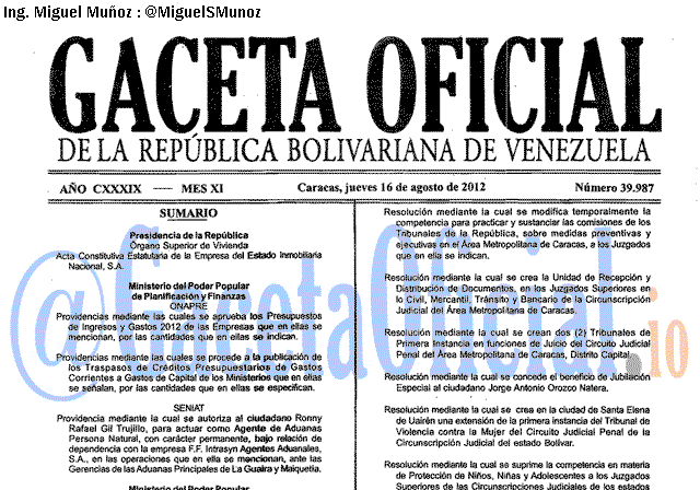 Gaceta Oficial 39987 del 16 Agosto 2012