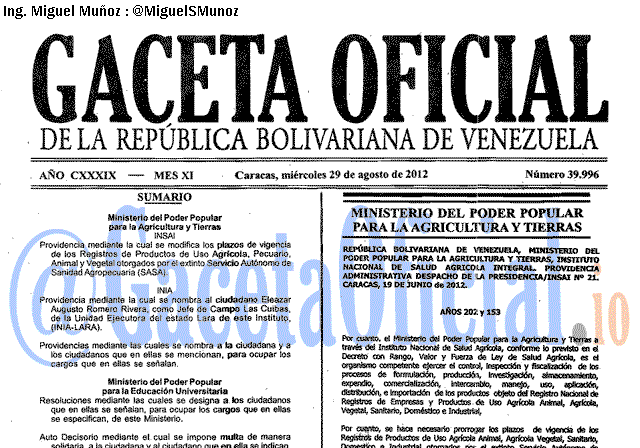 Gaceta Oficial 39996 del 29 Agosto 2012