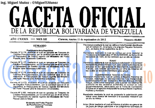 Gaceta Oficial 40005 del 11 Septiembre 2012
