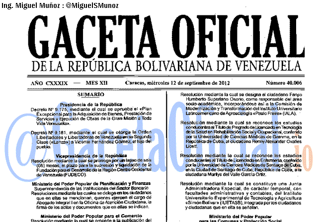 Gaceta Oficial 40006 del 12 Septiembre 2012