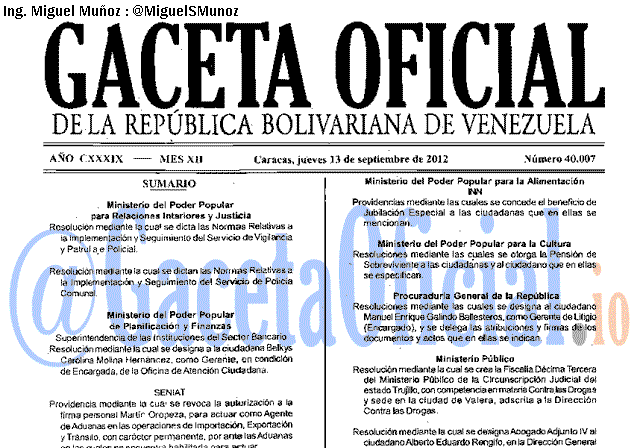 Gaceta Oficial 40007 del 13 Septiembre 2012