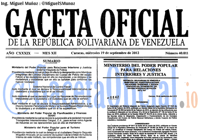Gaceta Oficial 40011 del 19 Septiembre 2012