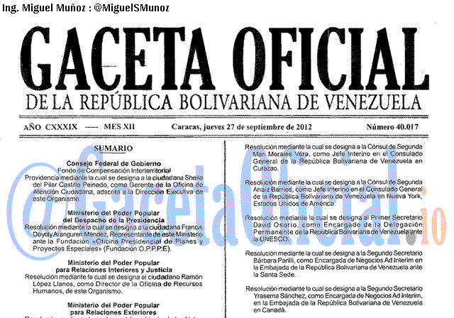 Gaceta Oficial 40017 del 27 Septiembre 2012
