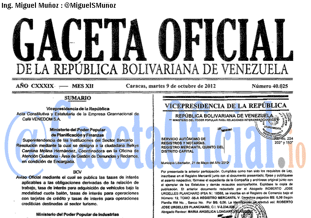 Gaceta Oficial 40025 del 9 Octubre 2012