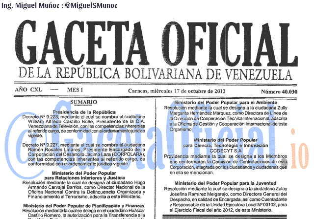 Gaceta Oficial 40030 del 17 Octubre 2012