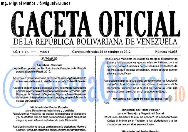 Gaceta Oficial 40035 del 24 Octubre 2012