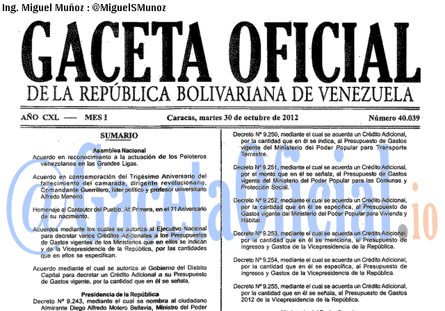 Gaceta Oficial 40039 del 30 Octubre 2012