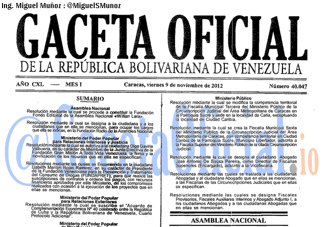 Gaceta Oficial 40047 del 9 Noviembre 2012