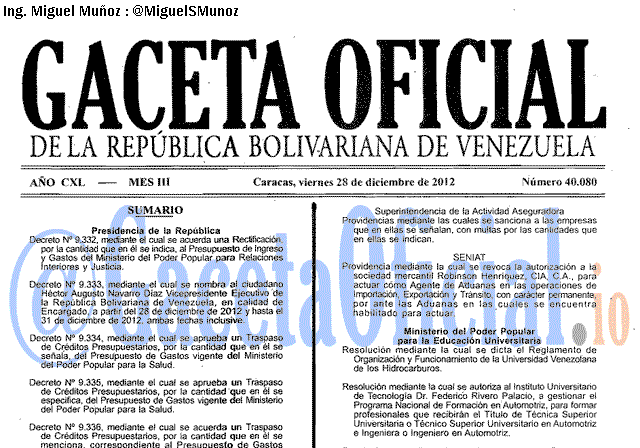 Gaceta Oficial 40080 del 28 Diciembre 2012