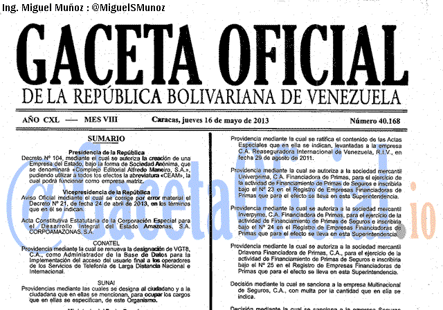 Gaceta Oficial 40168 del 16 Mayo 2013