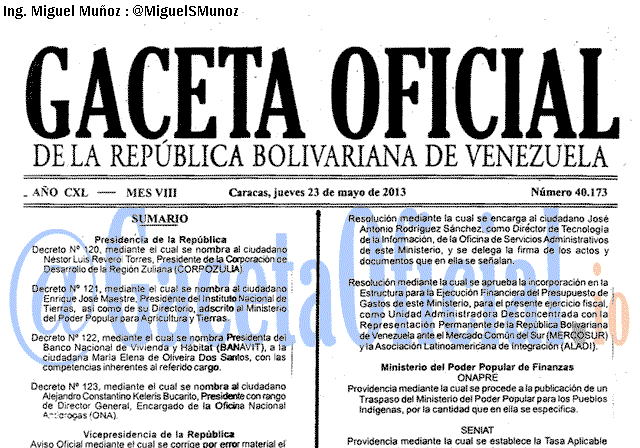 Gaceta Oficial 40173 del 23 Mayo 2013