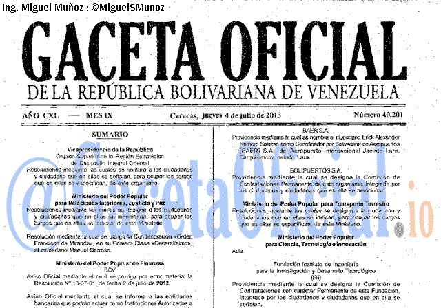 Gaceta Oficial 40201 del 4 Julio 2013