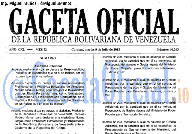 Gaceta Oficial 40203 del 9 Julio 2013