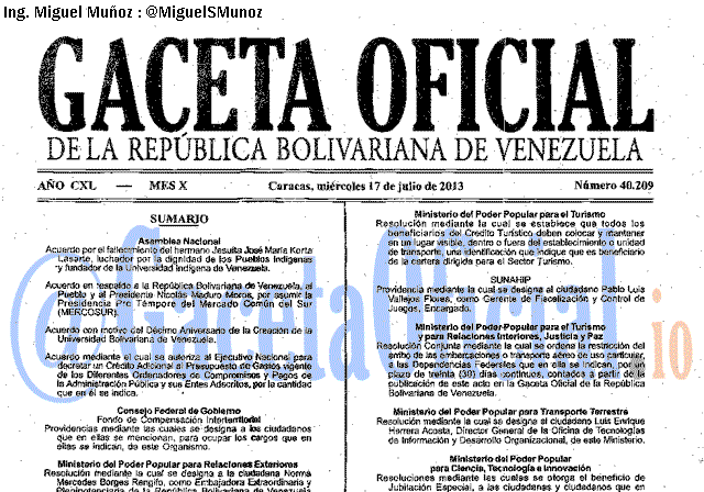 Gaceta Oficial 40209 del 17 Julio 2013