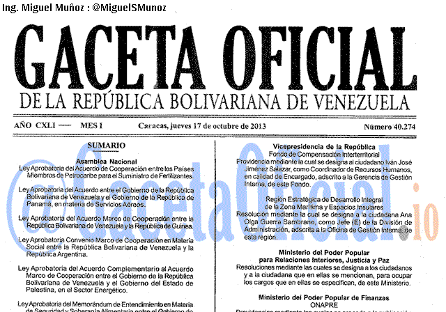 Gaceta Oficial, Gaceta 40274, Gaceta #40274, Gaceta Oficial Venezuela #40274