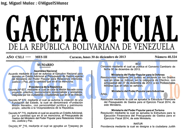 Gaceta Oficial 40324 del 30 diciembre 2013 Gaceta Oficial 40324 del 30 diciembre 2013