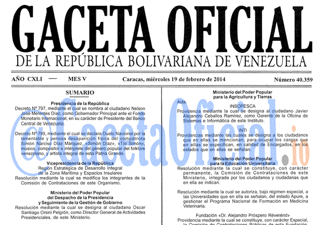 Venezuela Gaceta Oficial 40359 del 19 febrero 2014 Gaceta Oficial, Gaceta 40359, Gaceta 40359 HD, Gaceta #40359, Gaceta Oficial Venezuela #40359