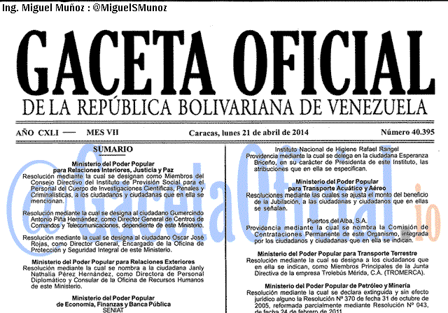 Gaceta Oficial 40395 del 21 Abril 2014