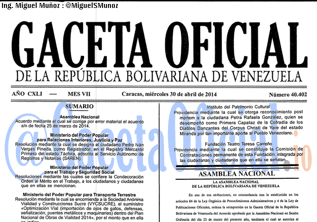 Gaceta Oficial 40402 del 30 Abril 2014