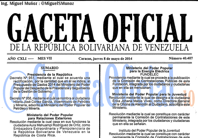 Gaceta Oficial 40407 del 8 Mayo 2014