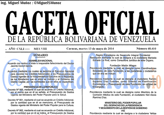 Gaceta Oficial 40410 del 13 Mayo 2014