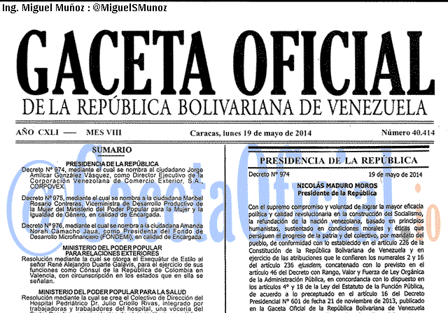 Gaceta Oficial 40414 del 19 Mayo 2014