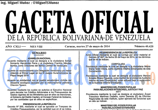 Gaceta Oficial 40420 del 27 Mayo 2014