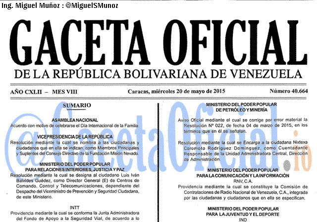 Gaceta Oficial 40664 del 20 mayo 2015
