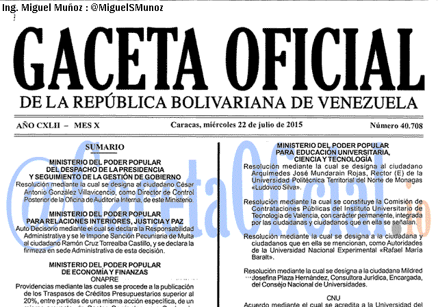 Gaceta Oficial 40708 del 22 julio 2015