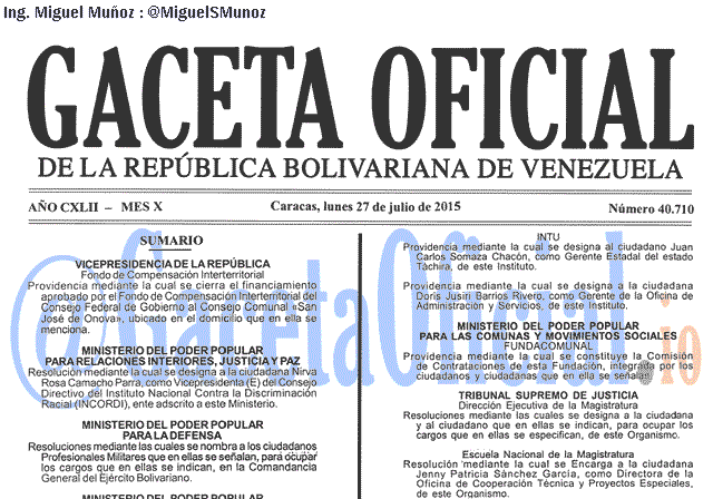 Gaceta Oficial 40710 del 27 julio 2015