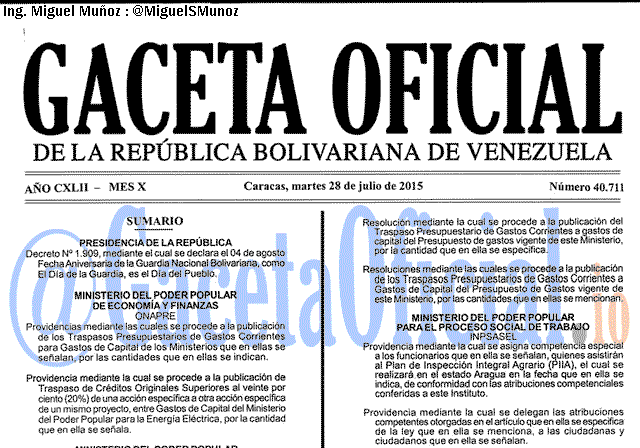 Gaceta Oficial 40711 del 28 julio 2015