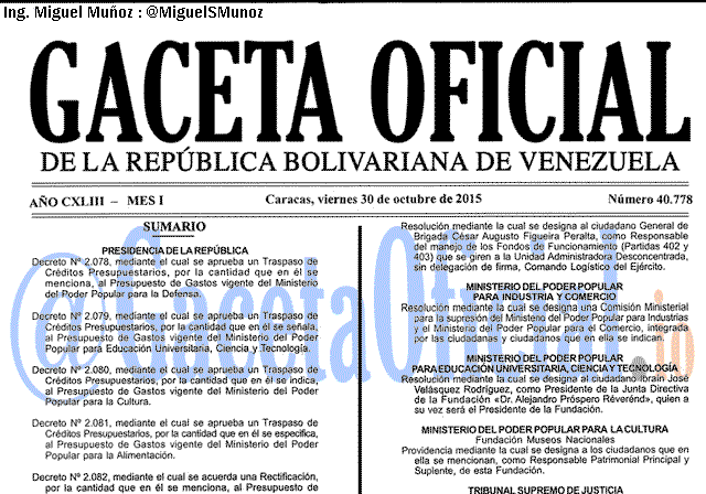 Gaceta Oficial 40778 del 30 octubre 2015