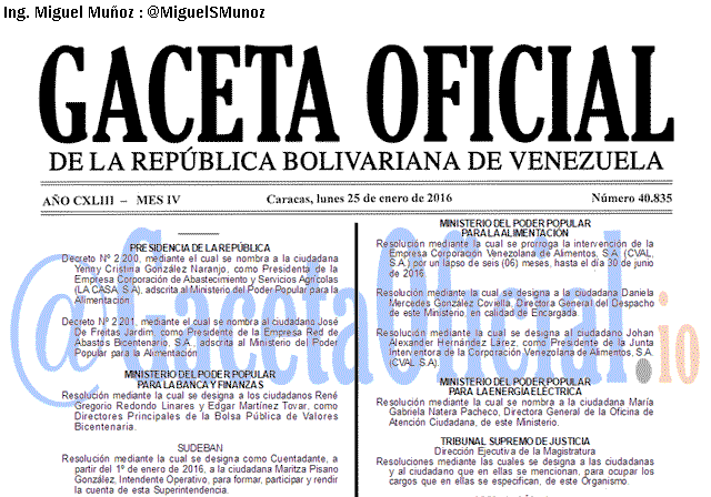 Gaceta Oficial 40835 del 25 enero 2016