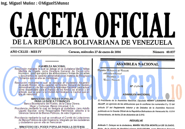 Gaceta Oficial 40837 del 27 enero 2016