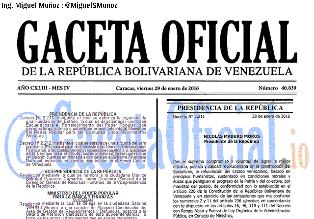 Gaceta Oficial 40839 del 29 enero 2016