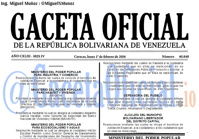 Gaceta Oficial 40840 del 1 febrero 2016