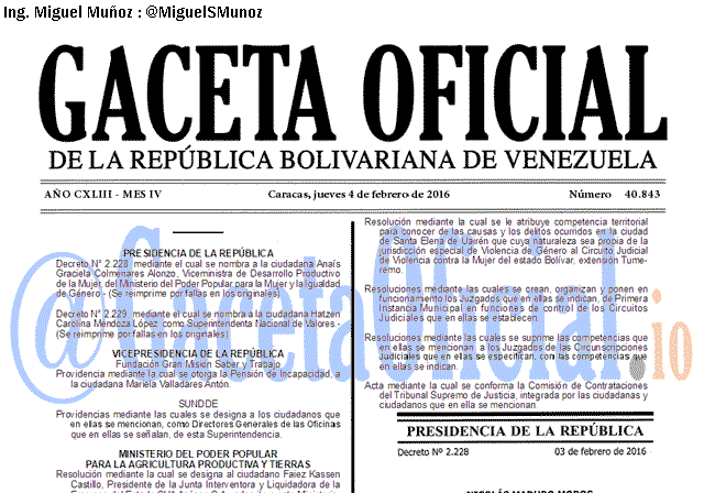 Gaceta Oficial 40843 del 4 febrero 2016
