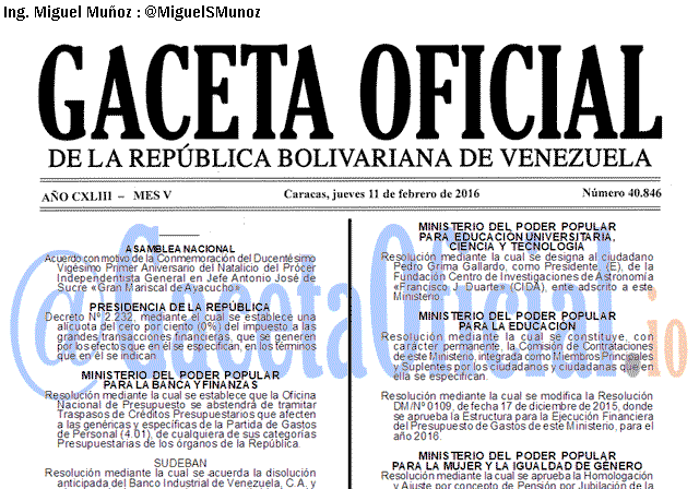 Gaceta Oficial 40846 del 11 febrero 2016
